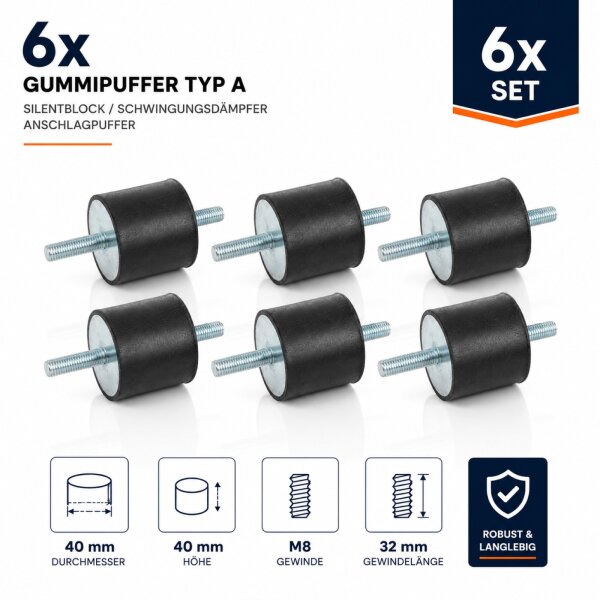 2x rubber bumpers type A Silent vibration damper bumpers 40x40 M8x32 / 25