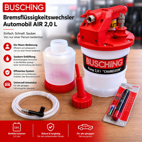 Bremsflüssigkeitswechsler BUSCHING AIR 2,0L Bremsenentlüfter Set PKW Profi