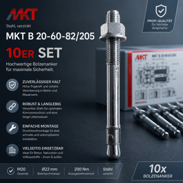 MKT Bolzenanker B 20-60-82/205 M20 verzinkt Schwerlastanker Betonanker 10er Set