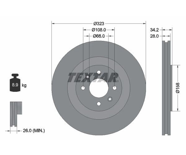 2x TEXTAR brake disc, front axle, Ø 323 mm, for Citroën Peugeot 92267103