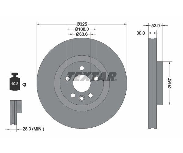 1x TEXTAR PRO front brake disc, 325 mm diameter, for JAGUAR E-PACE and LAND ROVER