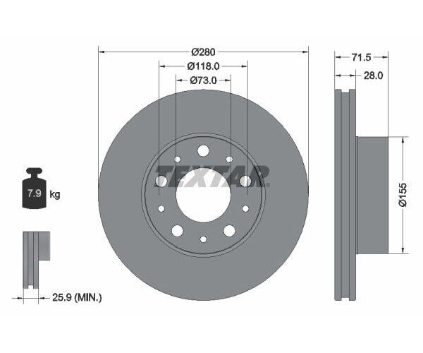 2x TEXTAR Bremsscheibe PRO Vorderachse Ø 280mm für Citroen Peugeot 92275003