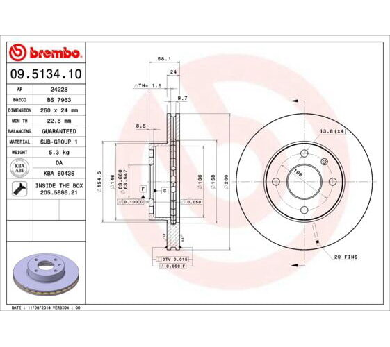 2x BREMBO PRIME LINE front brake rotors, 260 mm diameter, for Ford