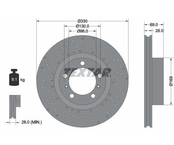 1x TEXTAR Bremsscheibe PRO+ Vorderachse links Ø 330mm für Porsche