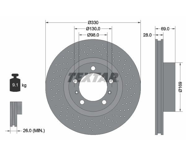 1x TEXTAR Bremsscheibe PRO+ Vorderachse links Ø 330mm für Porsche