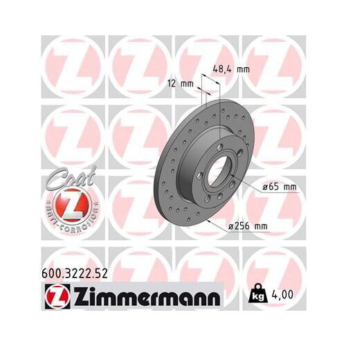 2x ZIMMERMANN perforated brake rotors for rear axle, Ø 256 mm, for VW, Audi, Seat, and Skoda