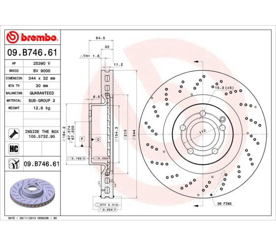 1x BREMBO Bremsscheibe Vorderachse gelocht Ø 344mm für Mercedes Benz 09.B746.61