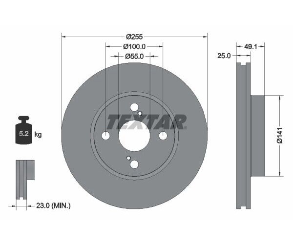 2x TEXTAR front brake rotors, 255 mm diameter, for Toyota 92125903