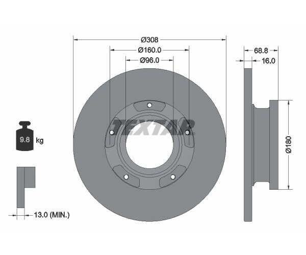 1x TEXTAR Bremsscheibe PRO Hinterachse Ø 308mm für FORD TRANSIT
