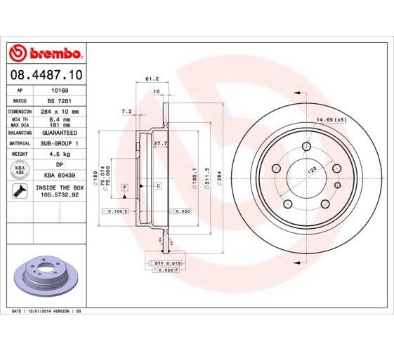 2x BREMBO PRIME LINE Rear Brake Rotors, 284 mm
