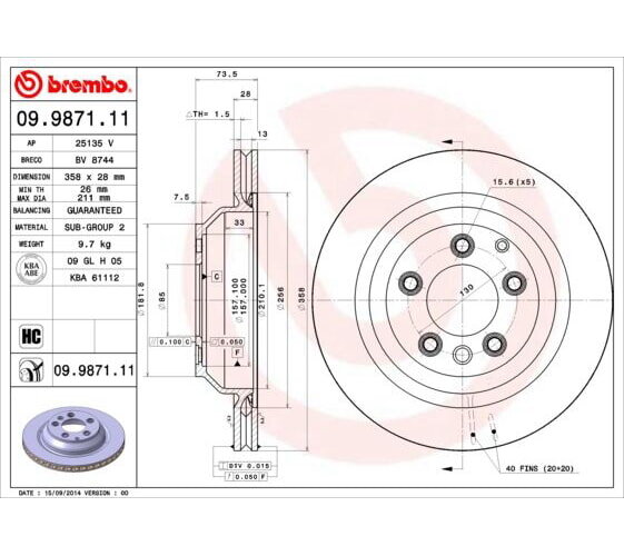 1x BREMBO brake disc PRIME LINE rear axle Ø 358 mm for VW AUDI PORSCHE