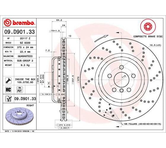 1x BREMBO Bremsscheibe PRIME LINE - Composite Hinterachse rechts 370mm für BMW