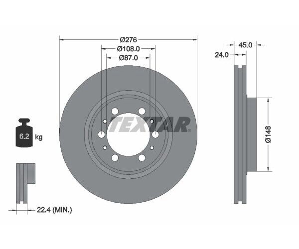 2x Textar brake disc, front axle, Ø 276 mm, for Mitsubishi 92079800