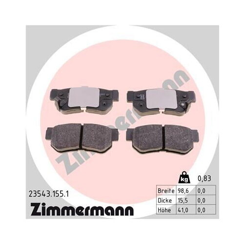 ZIMMERMANN Bremsbelagsatz Bremsbeläge HINTERACHSE für HYUNDAI KIA SSANGYONG