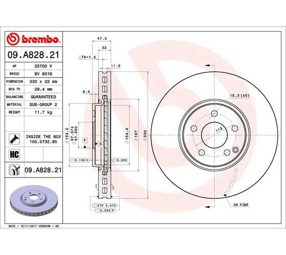1x BREMBO Bremsscheibe Vorderachse Ø 330mm für Mercedes Benz 09.A828.21
