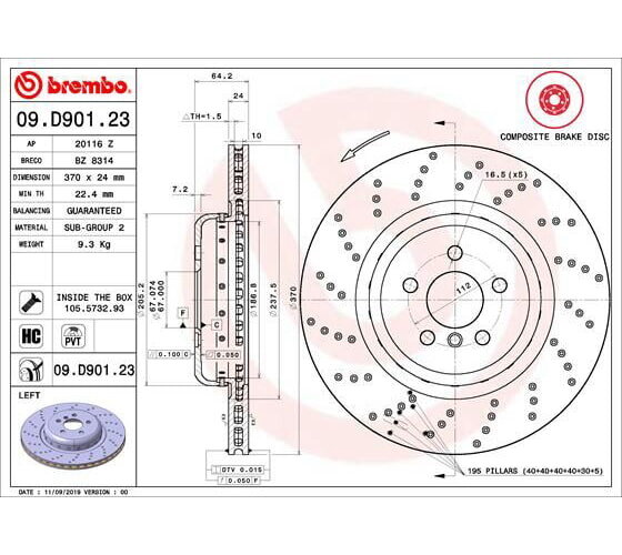 1x BREMBO rear axle composite brake disc Ø 370 mm for BMW 09.D901.23