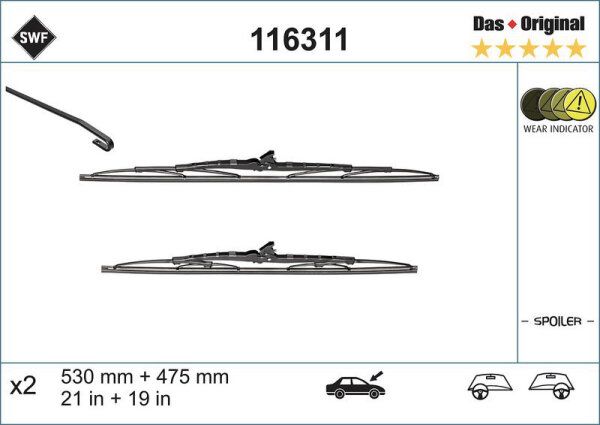 Scheibenwischersatz SWF 116311 Original vorne 530/475 mm 2 Stück mit Spoiler