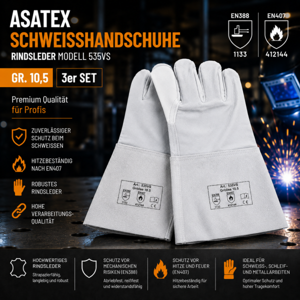 3x Schweißhandschuhe ASATEX Gr. 10,5 Rindsleder Arbeitshandschuhe EN388 EN407