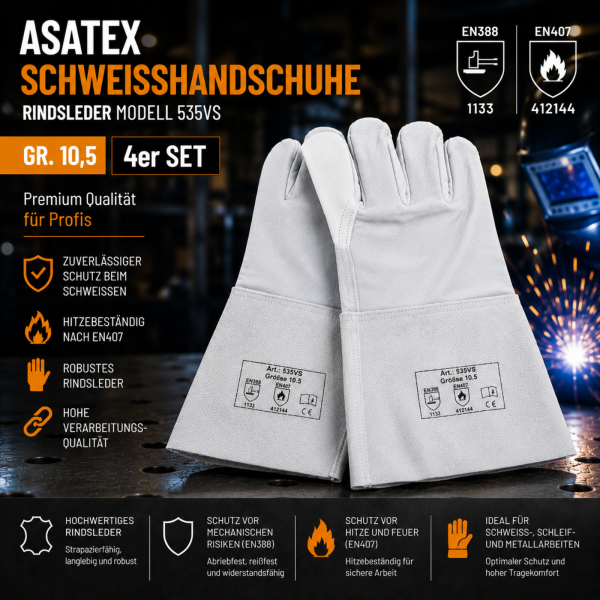 4x Schweißhandschuhe ASATEX Gr. 10,5 Rindsleder Arbeitshandschuhe EN388 EN407