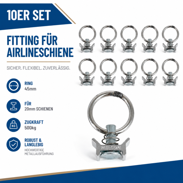 10x Wistra Fitting für Airlineschiene 20mm Zurröse Ring 45mm 500kg Airlinefitting