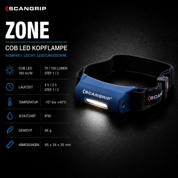 SCANGRIP Stirnlampe Akku Kopflampe 75-150 Lumen COB LED Werkstatt Outddor Laufen