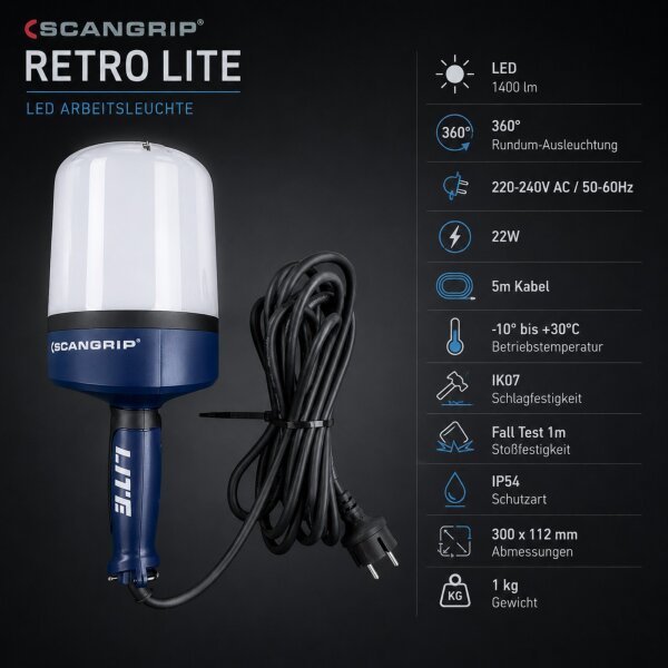 SCANGRIP RETRO LITE LED Arbeitsleuchte 1400lm 360° Werkstattleuchte 5m Kabel
