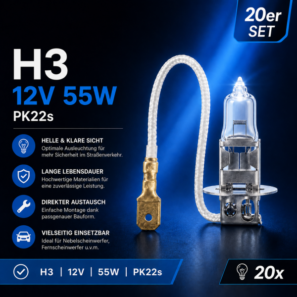 20x Glühlampe H3 12V 55W PK22s Leuchtmittel Birne Autolampe PKW TEC400002