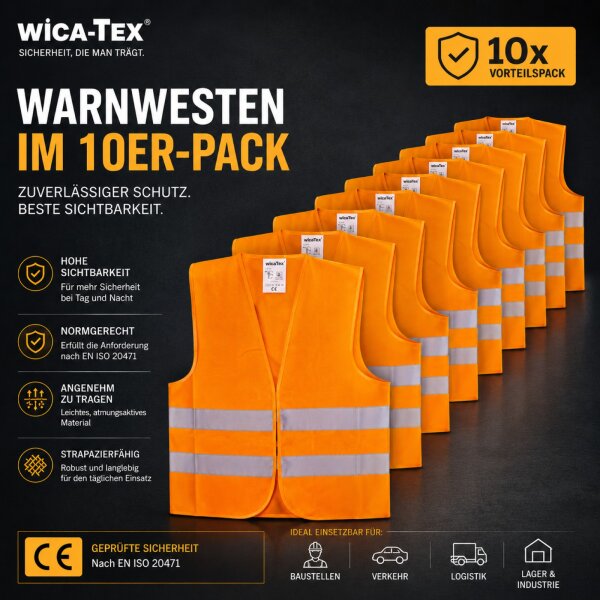 10x Warnweste Polyester Auto Warnschutzweste Orange Signalweste Wicatex KFZ