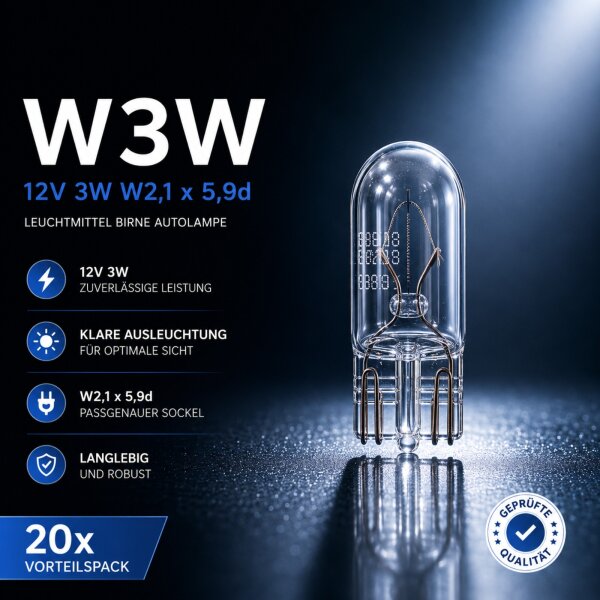 20x Glühlampe W3W 12V 3W W2,1 x 5,9d Leuchtmittel Birne Autolampe TEC400014
