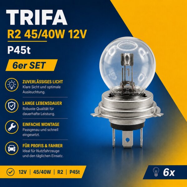 Glühlampe R2 45/40W 12V P45t Halogen Lampe Scheinwerfer Birne 6er Set TRIFA